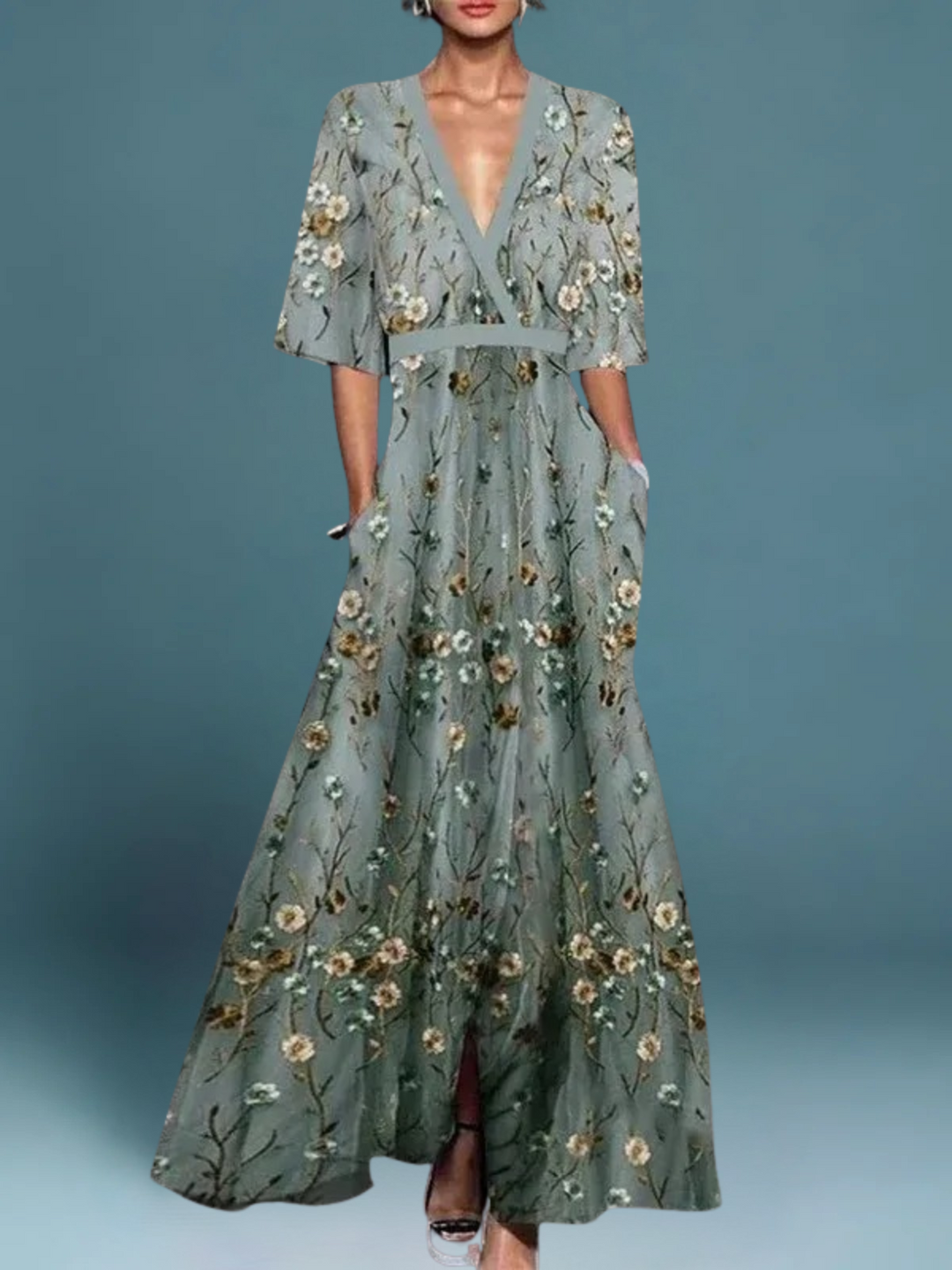 Λόρεν - Κομψό Λουλουδένιο Φόρεμα V-Neck με Ζωνάκι Boho