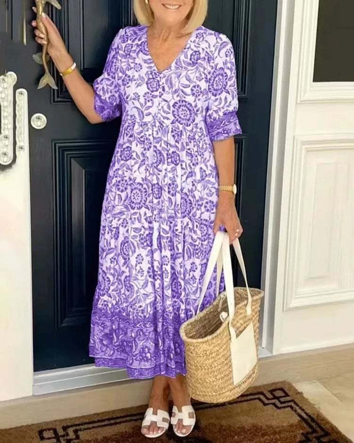 Mavis - Κομψό Μακρύ Φόρεμα Boho με V-λαιμόκοψη και Λουλούδια