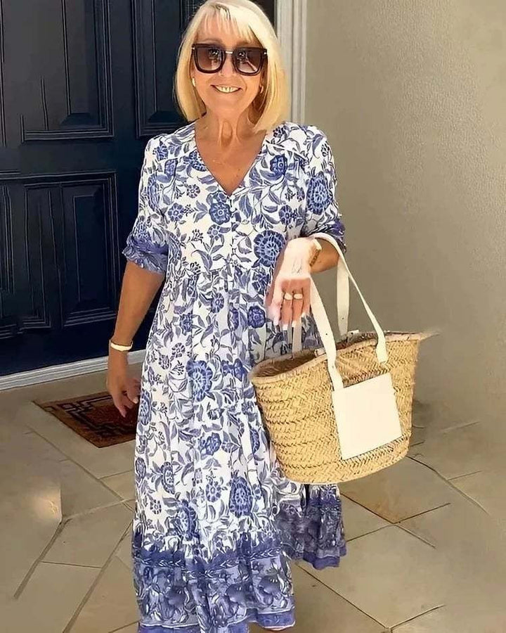 Mavis - Κομψό Μακρύ Φόρεμα Boho με V-λαιμόκοψη και Λουλούδια