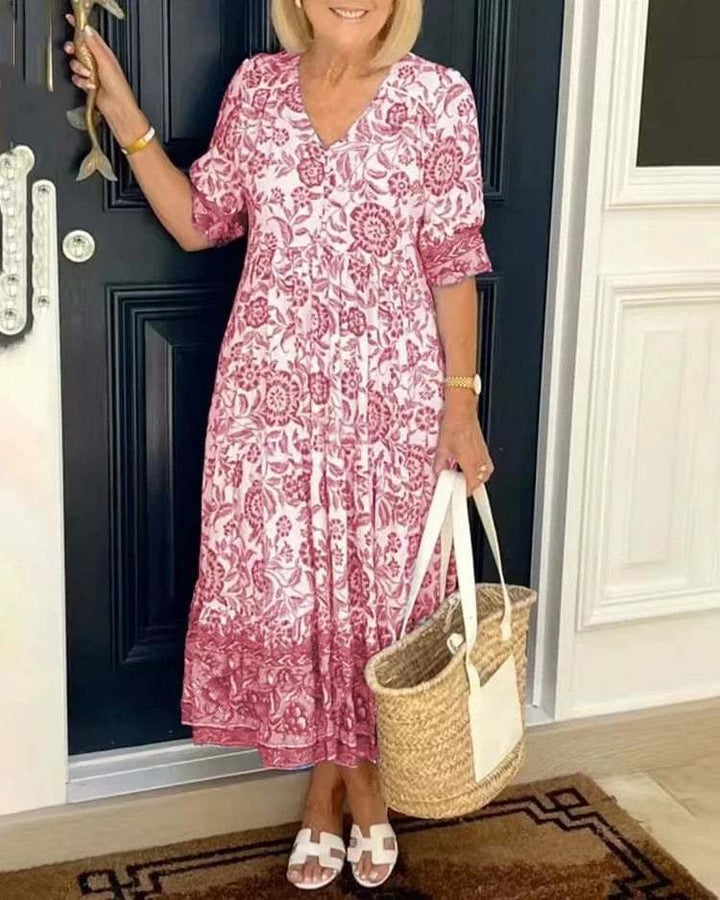 Mavis - Κομψό Μακρύ Φόρεμα Boho με V-λαιμόκοψη και Λουλούδια