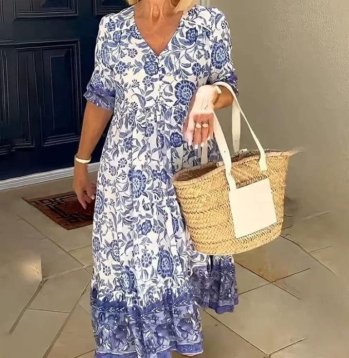 Mavis - Κομψό Μακρύ Φόρεμα Boho με V-λαιμόκοψη και Λουλούδια