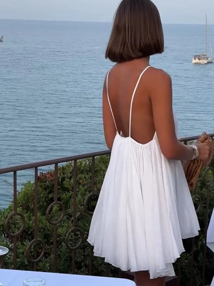 Ελαιόλαδο - Πλισέ Μίνι Φόρεμα Παραλίας με V-λαιμό