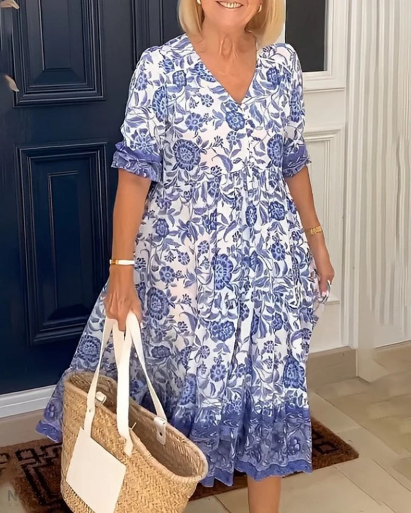 Λούνα - Κομψό Floral V-Neck Φόρεμα