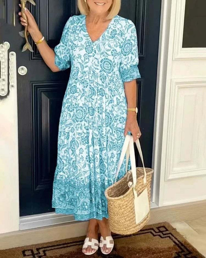 Mavis - Κομψό Μακρύ Φόρεμα Boho με V-λαιμόκοψη και Λουλούδια