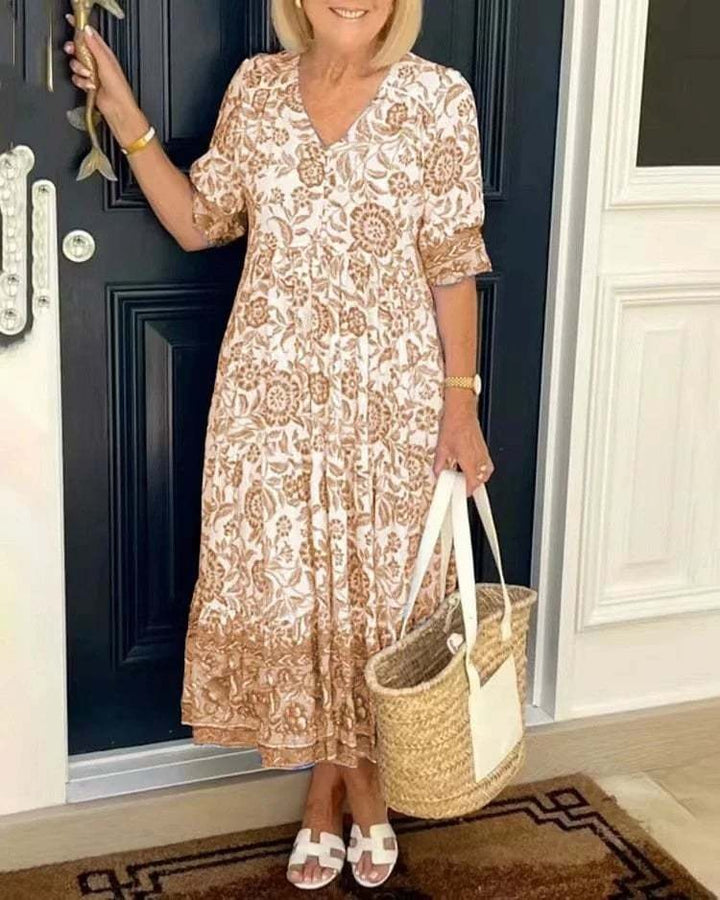 Mavis - Κομψό Μακρύ Φόρεμα Boho με V-λαιμόκοψη και Λουλούδια