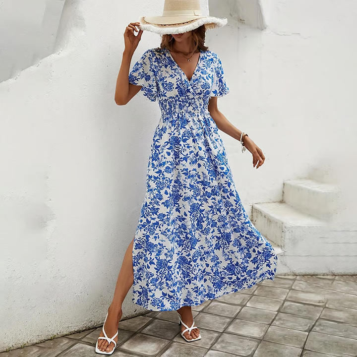 Bea - Μπλε Παραλία Φόρεμα Bohemian V-Neck
