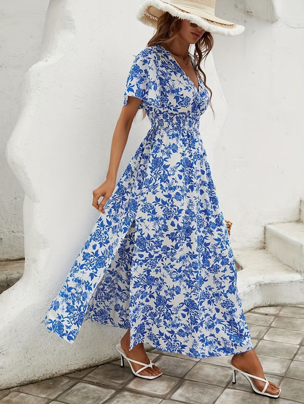 Bea - Μπλε Παραλία Φόρεμα Bohemian V-Neck