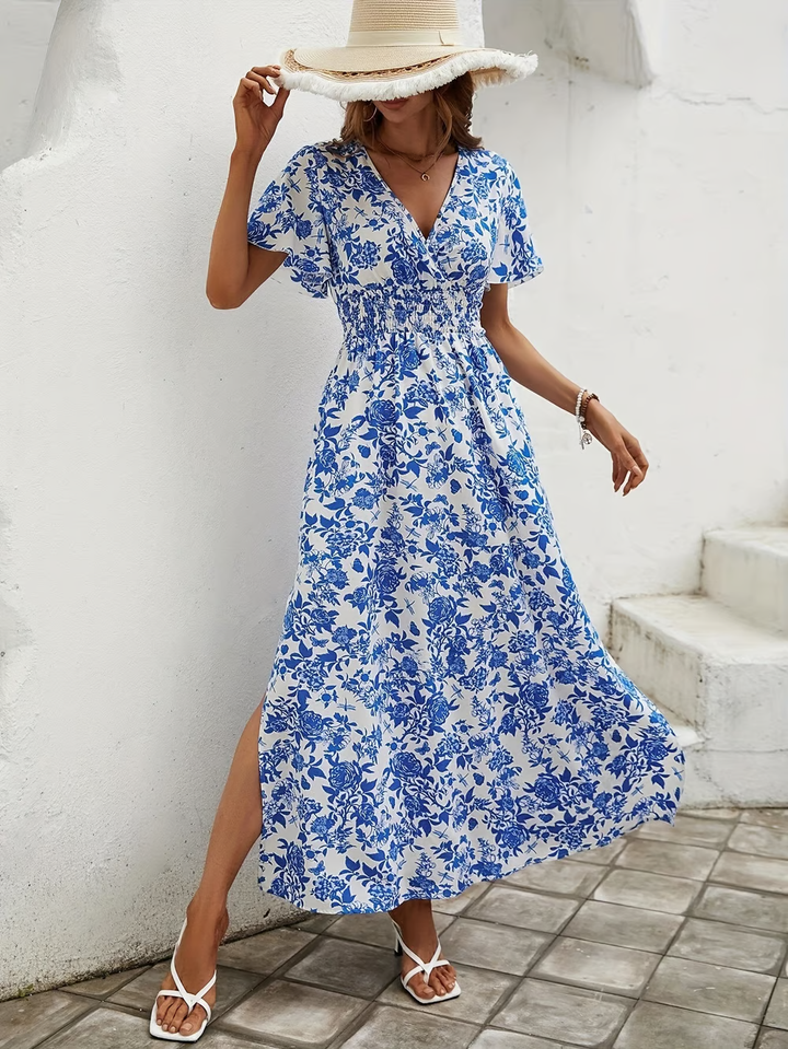 Bea - Μπλε Παραλία Φόρεμα Bohemian V-Neck